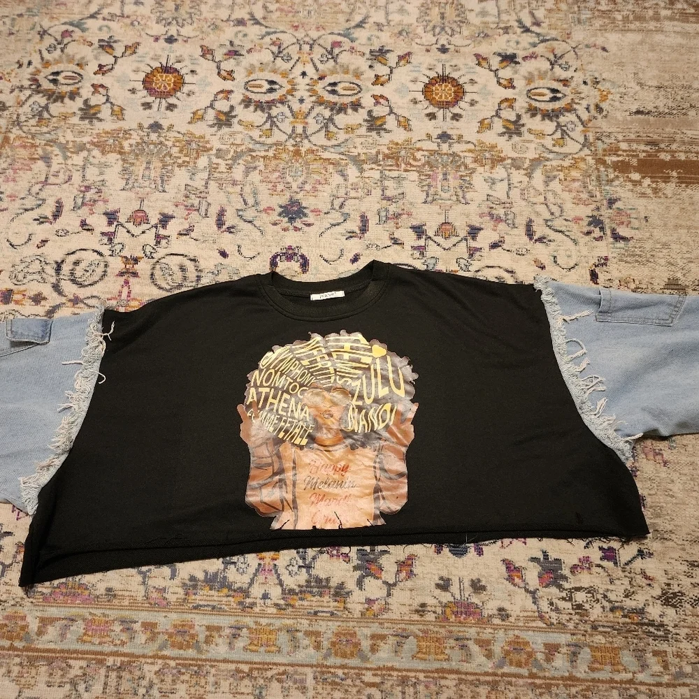JW&NW Black Graphic Crop Top with Denim Sleeves Upcycle OOAK, Size Large - Picture 8 of 9